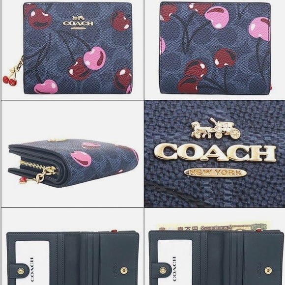 NEW Coach CZ347 Small Snap Bifold Wallet Signature Cherry Print Denim Blue NWT - Picture 5 of 8